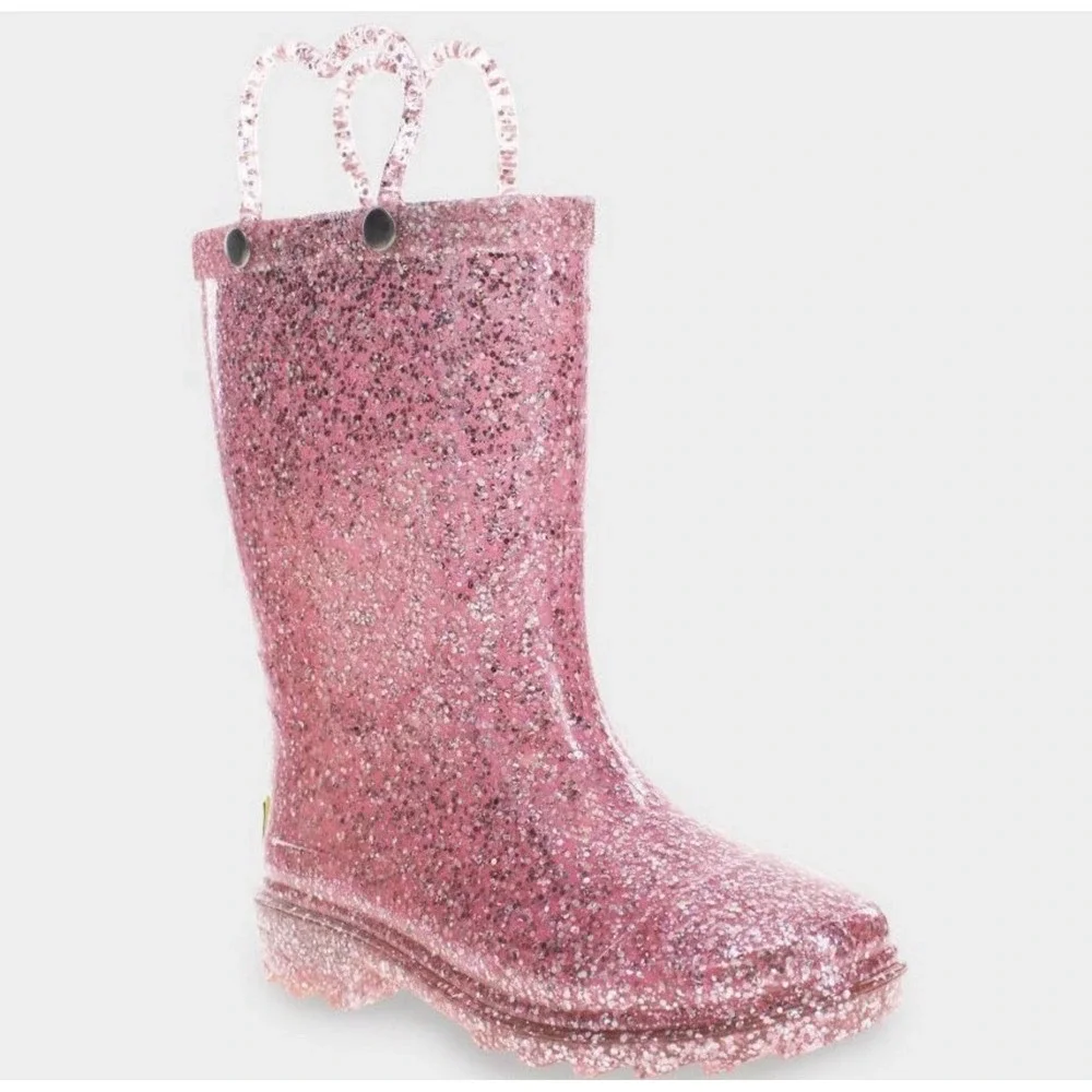 Western Chief Abby Pink Glitter Rain Boots Waterproof Pull On Kids US 11 Sparkle